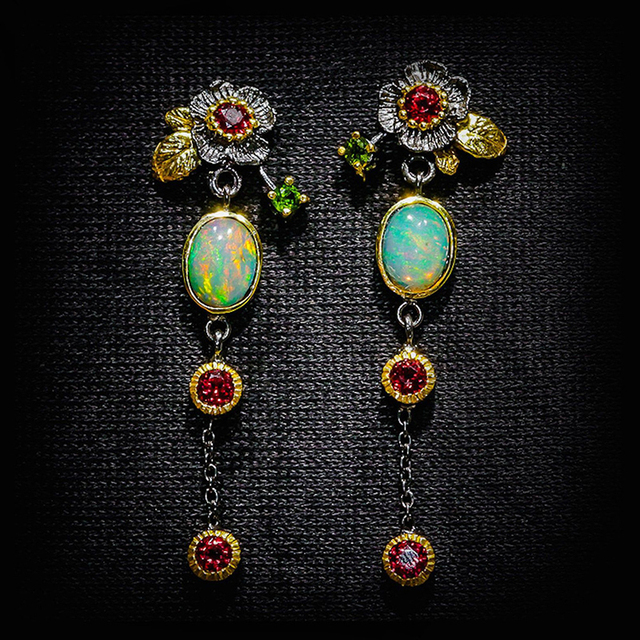 Boho Earrings with Opal and Red Zirconias