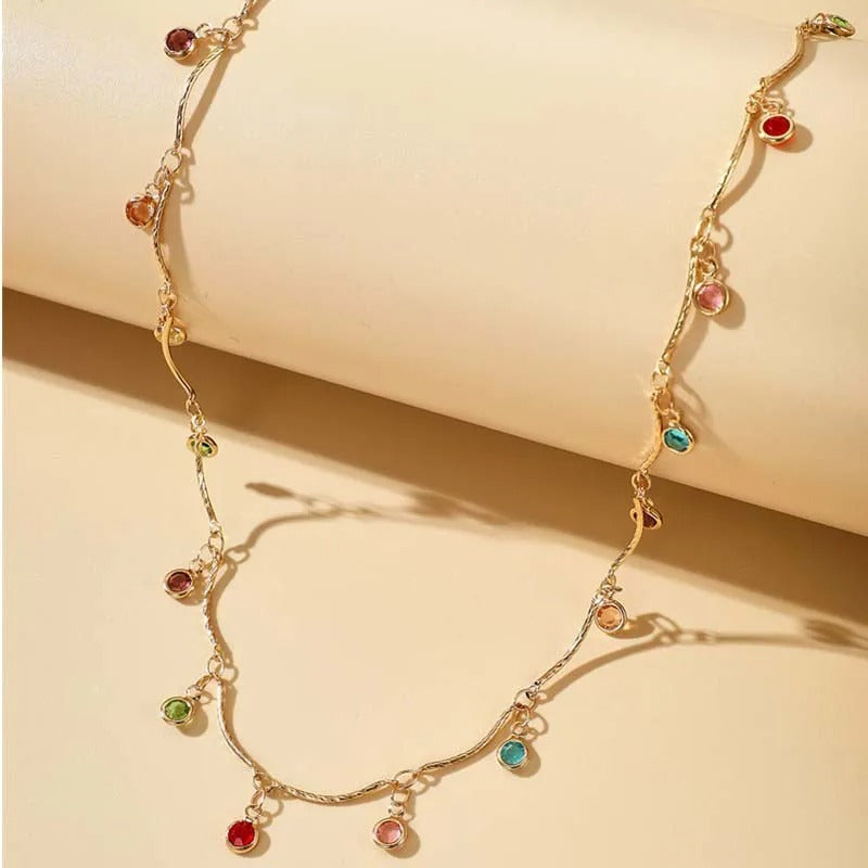 Gold Vibrant Colored Stones & Twisted Chain Necklace
