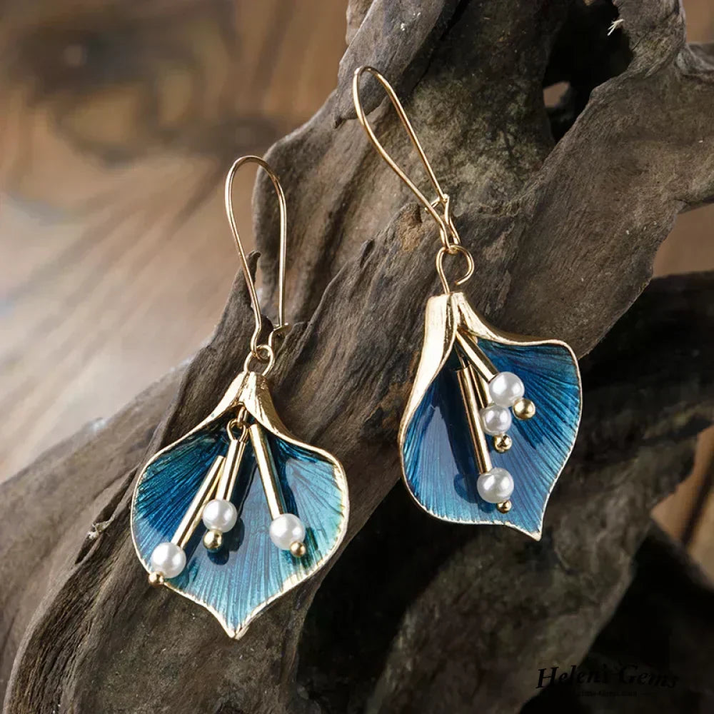 Golden Blue Lily Drop Earrings with Pearls
