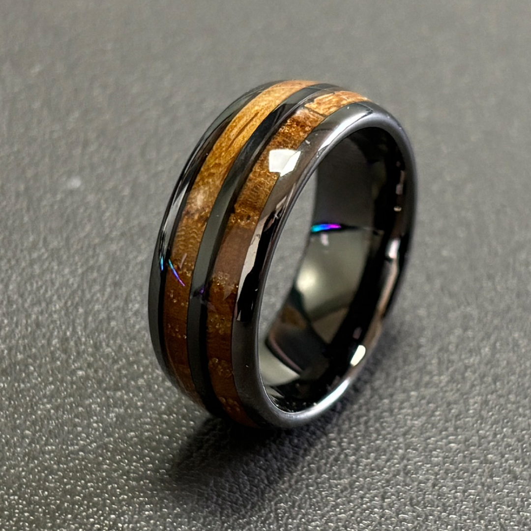 Rustic Wood Inlay Midnight Ring