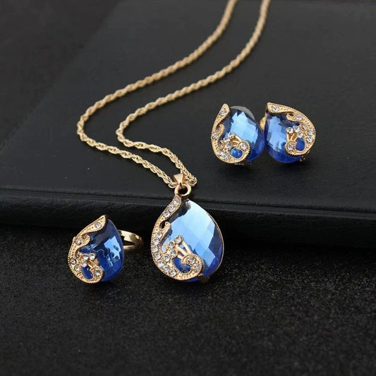Set Necklace + Blue Crystal Drop Earrings in Gold
