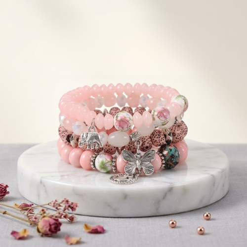 Pink Flora Elephant & Butterfly Bracelet Set