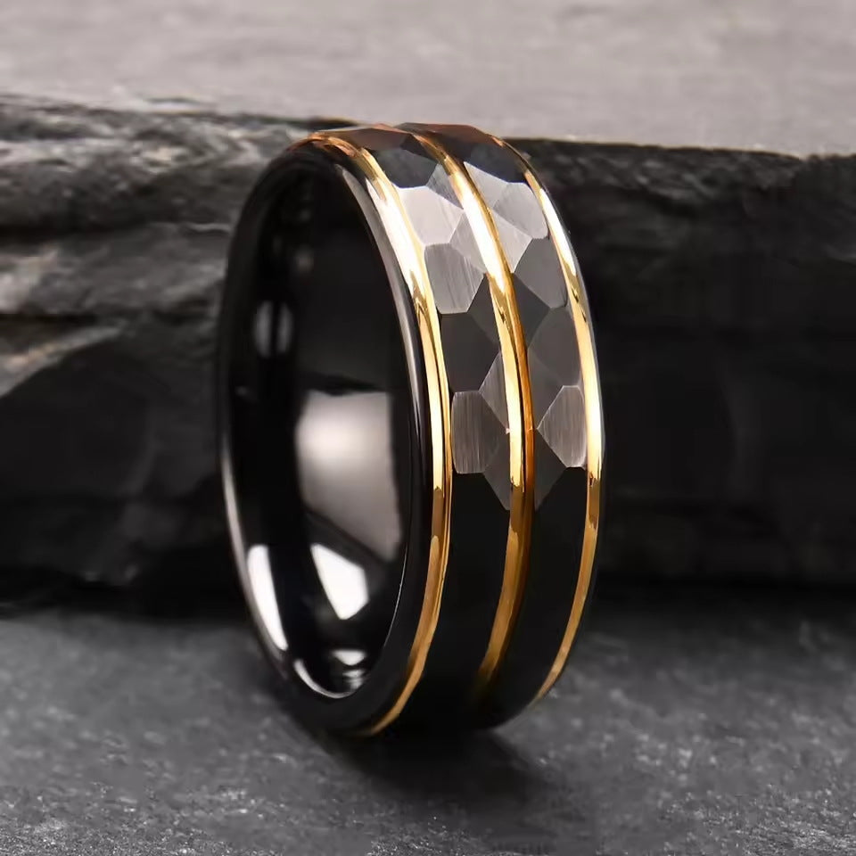 Obsidian Hammered Gold Line Ring