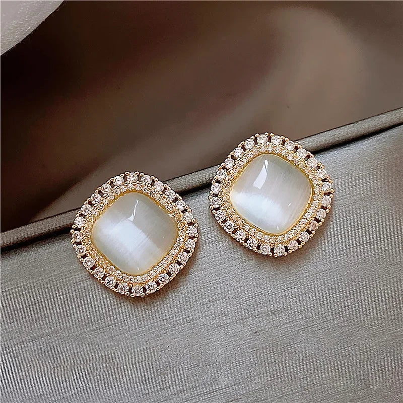 Chic Square Opal and Zirconia Crystal Stud Earrings