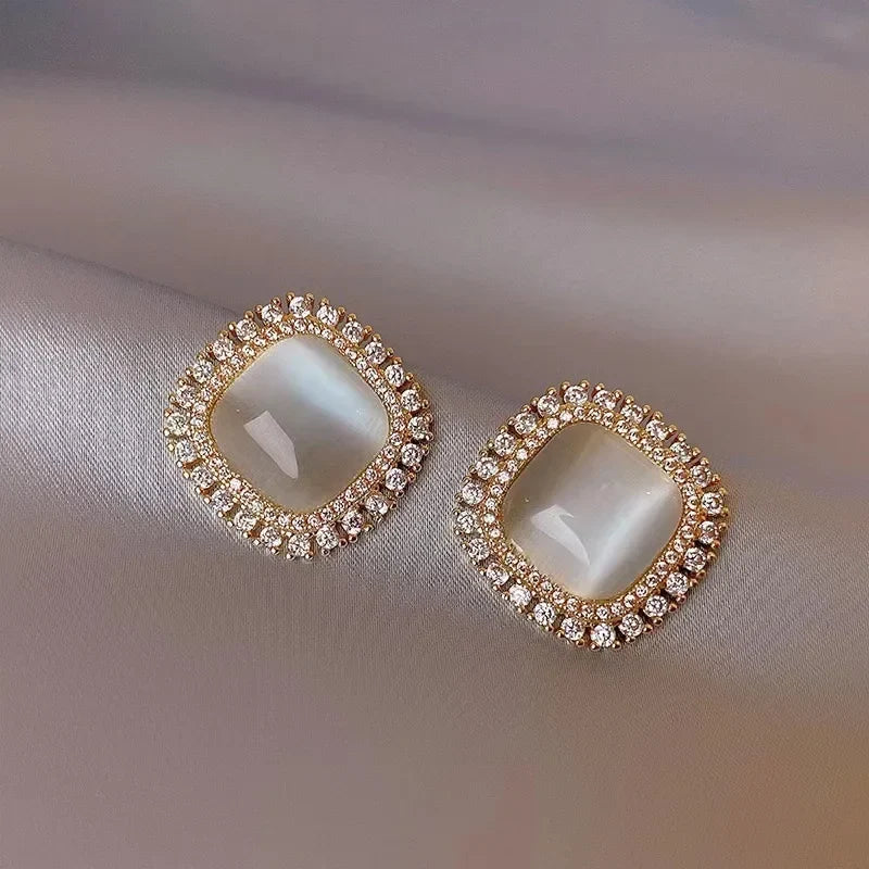 Chic Square Opal and Zirconia Crystal Stud Earrings