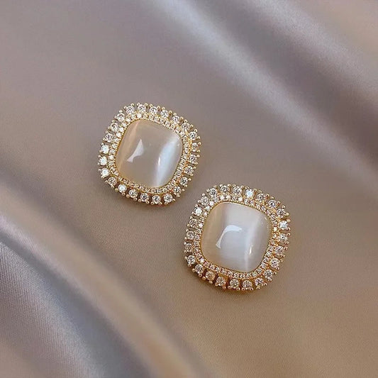 Chic Square Opal and Zirconia Crystal Stud Earrings