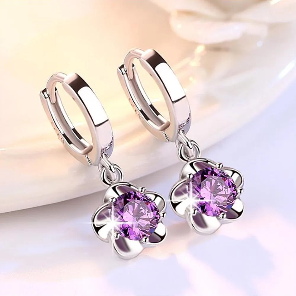 Sterling Silver Earrings with Purple and White Zirconia